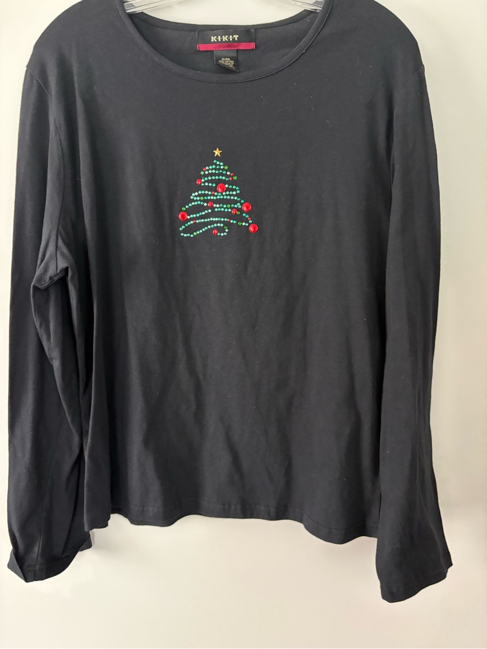 KIKIT Vintage Christmas Tree Shirt XL Black Long Sleeve Studded Holiday Tee Y2K